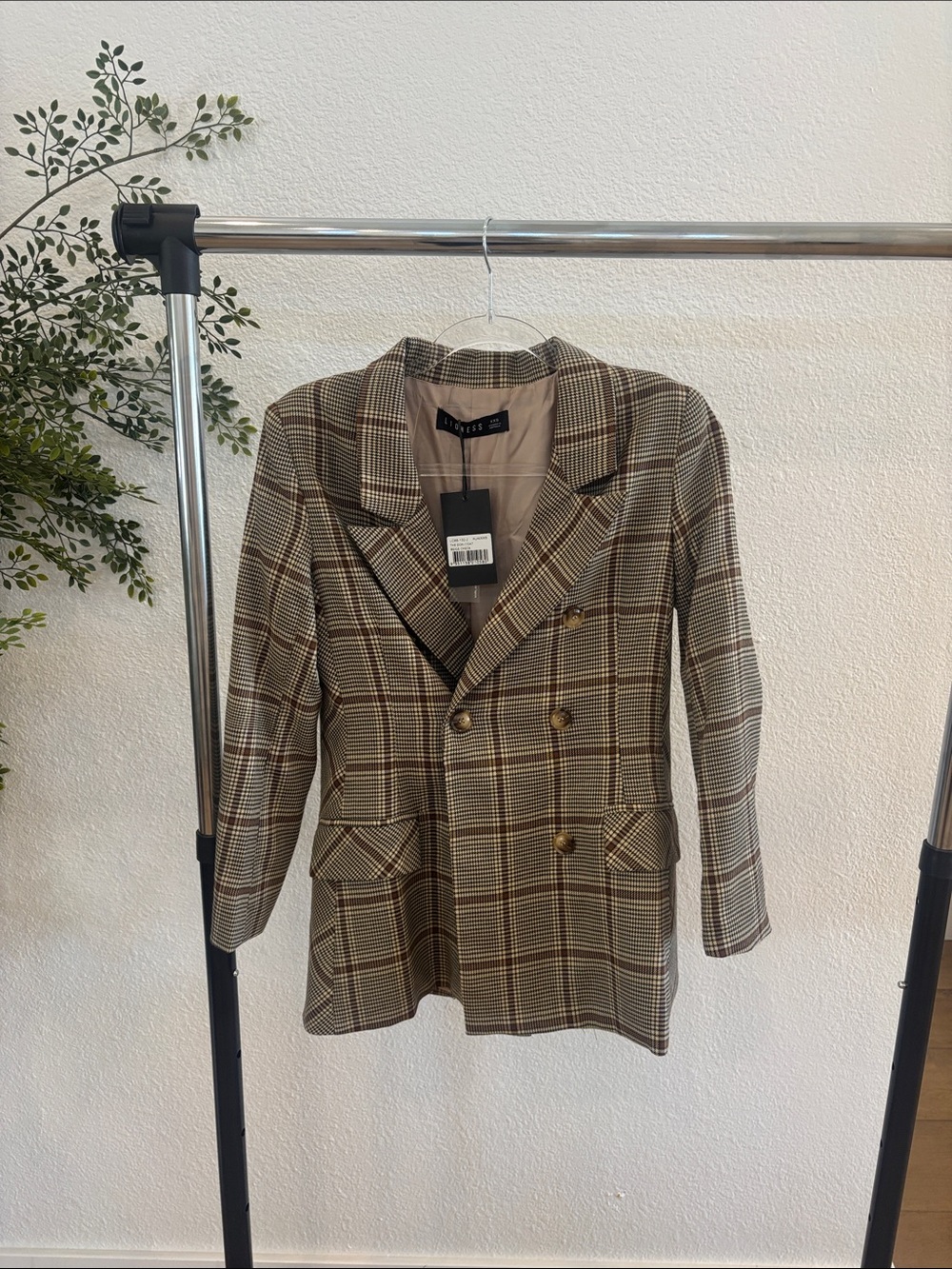 Lioness Plaid Double-Breasted Blazer in Brown and Cream